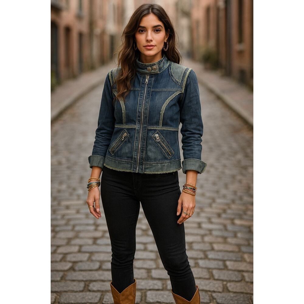 Joie Blue Corduroy‎ Moto Jacket Womens M Patchwork Frayed Trim Boho Street Style